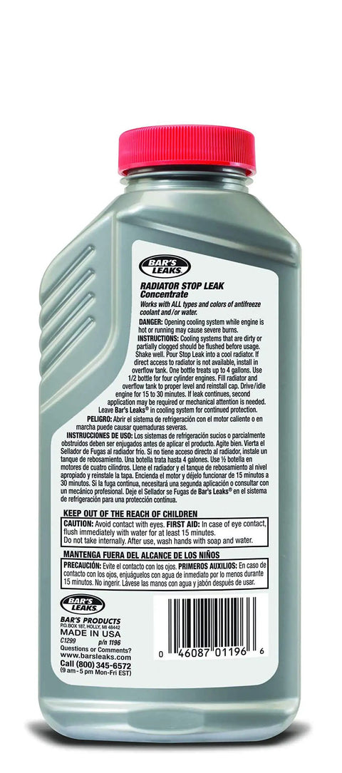 Radiator Stop Leak 11 Oz Gray Sealant bottle back view showing label and instructions for use in cooling systems.