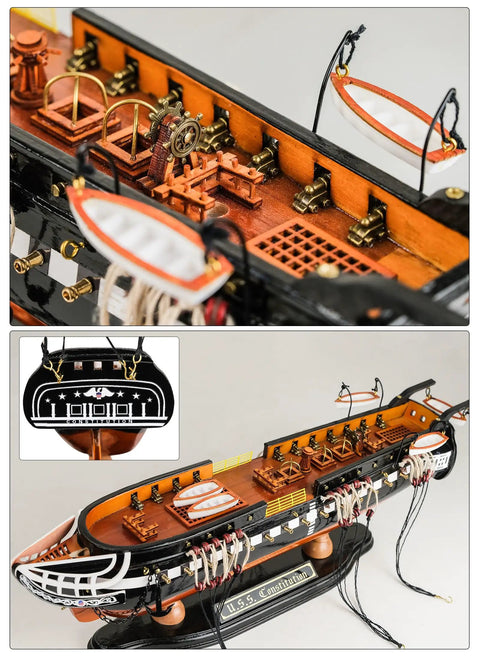 Wooden USS Constitution Model Ship 1/95 scale replica, detailed deck and rigging, handcrafted basswood hull and hand stitched sails.