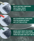 Legit 3 In 1 Stropping Compound Kit For Leather Strop And Knife Sharpening Featuring Red White Green Polishing Compounds To Nail Your Edge On Blades And Metal Buffing Model P03 close-up of red white green pastes on metal for sharpening and polishing blades