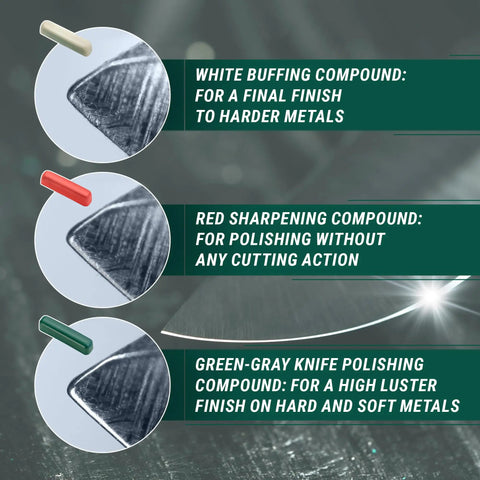 Legit 3 In 1 Stropping Compound Kit For Leather Strop And Knife Sharpening Featuring Red White Green Polishing Compounds To Nail Your Edge On Blades And Metal Buffing Model P03 close-up of red white green pastes on metal for sharpening and polishing blades