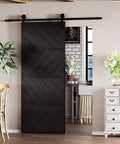 36 By 84 Inch Sliding Barn Door MDF With Waterproof Surface DIY Assembly Ready Pre Drilled Slab With Installation Hardware Kit Black Finish Durable Home Interior Room Door in a contemporary setting.