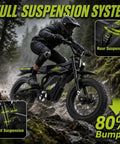 Rider on All-Terrain Fat Tire Electric Mountain Bike With 2000W Peak Motor, full suspension, navigating rocky trail.