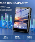 128GB Bluetooth 5.4 MP3 Player With 2.4 Inch Touch Screen showing music app and features on blue background