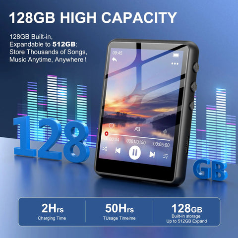 128GB Bluetooth 5.4 MP3 Player With 2.4 Inch Touch Screen showing music app and features on blue background