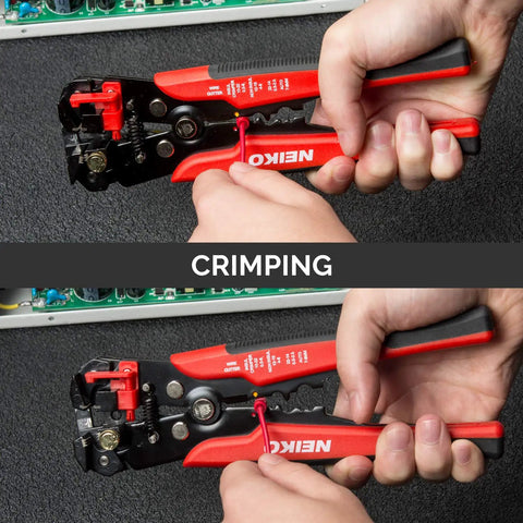 3 In 1 Automatic Wire Stripper Cutter And Crimping Tool With Self Adjusting Pliers in use, focusing on crimping action