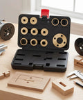 Badass Solid Brass Router Template Guide Set With Eight Precision Bushings and Hammer Tight Lock Nuts for accurate woodworking.