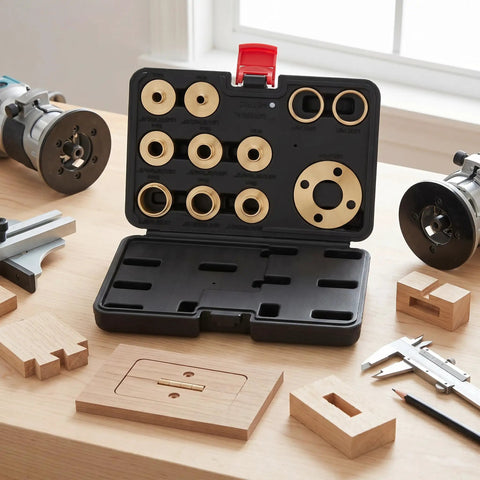 Badass Solid Brass Router Template Guide Set With Eight Precision Bushings and Hammer Tight Lock Nuts for accurate woodworking.