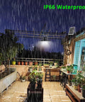 Lit 3000 Lumen Solar Shed Light Hanging Pendant For Indoor Outdoor Use IP66 Waterproof shown in rain on pergola