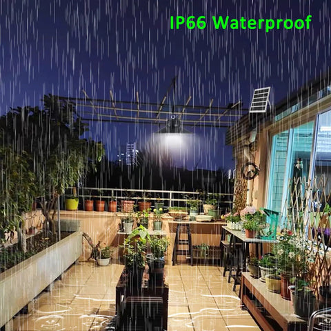 Lit 3000 Lumen Solar Shed Light Hanging Pendant For Indoor Outdoor Use IP66 Waterproof shown in rain on pergola