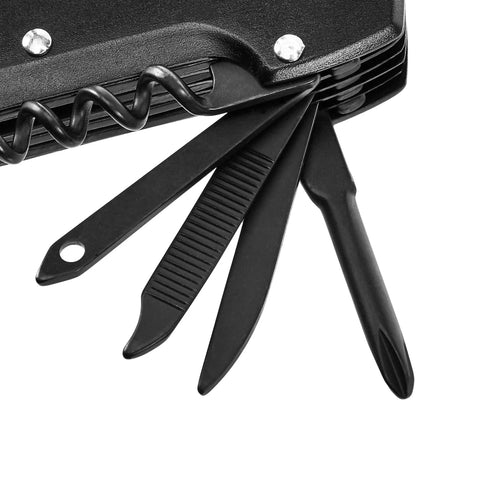 Close-up of 15 In 1 Stainless Steel Multitool Pocket Knife With Sheath For Hiking Camping And Survival Black Compact Everyday Carry Tool