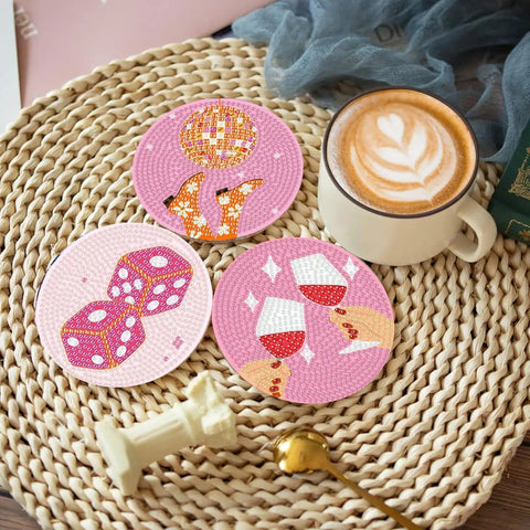 Pink Vintage Diamond Painting Coaster Kit 8 Pieces With Holder Dope Retro Funny Drinks Theme 5D DIY Full Drill