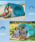 Pop Up Beach Tent Sun Shelter With UPF50+ UV Protection, Instant Easy Setup, 3 Person Capacity in use at beach and picnic