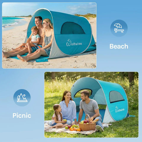 Pop Up Beach Tent Sun Shelter With UPF50+ UV Protection, Instant Easy Setup, 3 Person Capacity in use at beach and picnic