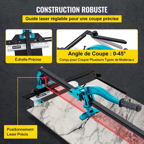 Front view Mophorn 48-inch tile cutter with single rail and double brackets; blue/teal manual cutter with laser guide.