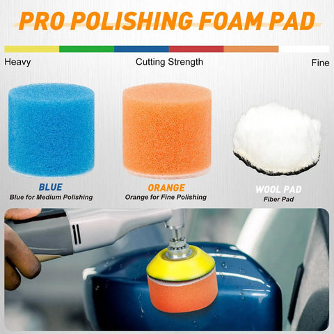 Top Shelf 331 Piece 2 Inch Wet Dry Sanding Disc Kit with foam polishing pads, highlighting blue, orange, and wool pads for auto paint.