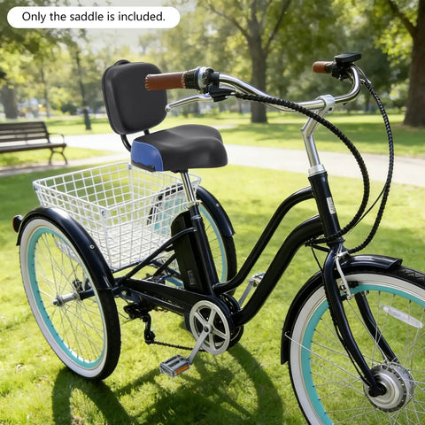 Wide E Bike Seat With Backrest For Long Rides Comfort All Day Sit On A Big Cushioned Ergonomic Saddle With Adjustable Backrest And Height Fits Electric Scooters Stationary Bikes And Trikes Heavy Duty 220 Lb Load Capacity on a black trike