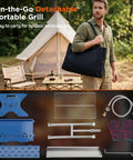 Man carrying Portable Camping Grill And Fire Pit Foldable 2 In 1 Charcoal Wood Gas BBQ With Carry Bag for outdoor cooking