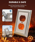 4 Pack Duplex Wall Plates, Durable Metal Outlet Covers For Receptacles And Light Switches, Brushed Nickel Finish shown with heat and impact resistance details