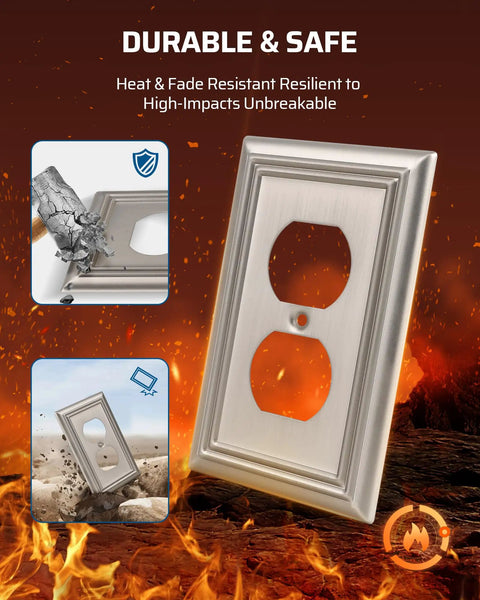 4 Pack Duplex Wall Plates, Durable Metal Outlet Covers For Receptacles And Light Switches, Brushed Nickel Finish shown with heat and impact resistance details