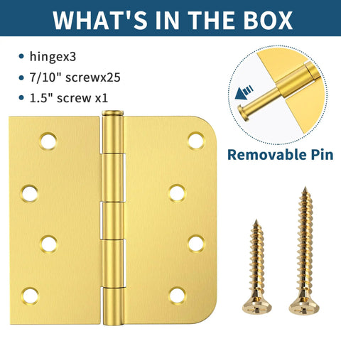Three Pack Brushed Gold Exterior Door Hinges Four Inch With Five Eighth Inch Radius And Square Corners Removable Pin