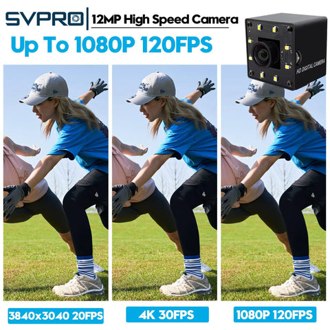 12MP USB Camera With Light For Crisp 4K Streaming And No Fuss Ultra Smooth 1080P 120fps Recording IMX577 Low Light Sensor Plug And Play Compatible With Lightburn Windows Mac Linux Android displaying different video resolutions and frame rates next to a baseball player stretching.