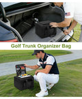 Golf Trunk Organizer Bag with Bottom Shoe Space, reinforced structure, holding gear in car trunk and on grass.