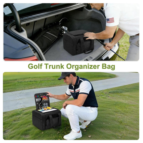 Golf Trunk Organizer Bag with Bottom Shoe Space, reinforced structure, holding gear in car trunk and on grass.
