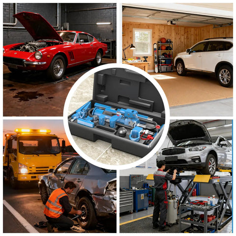 10 Ton Porta Power Hydraulic Kit With 17 Piece Ram Set, Carrying Case And Gloves, Built Tough Auto Body Frame Repair Kit For Cars, Trucks And Farm Machinery