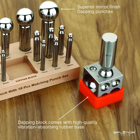 Steel Dapping Block And Dapping Punch Set For Jewelry Making And Metal Forming Die Shaping Doming Tools Pro Grade Durable Heat Treated Craft Kit with wooden holder and rubber base