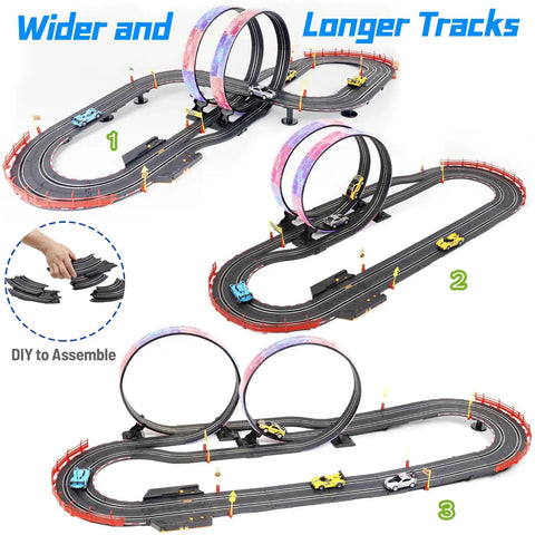 Fast 19 Ft Electric Slot Car Track Set with bright LED lights, featuring loop turns, crossover, and DIY assembly sections.
