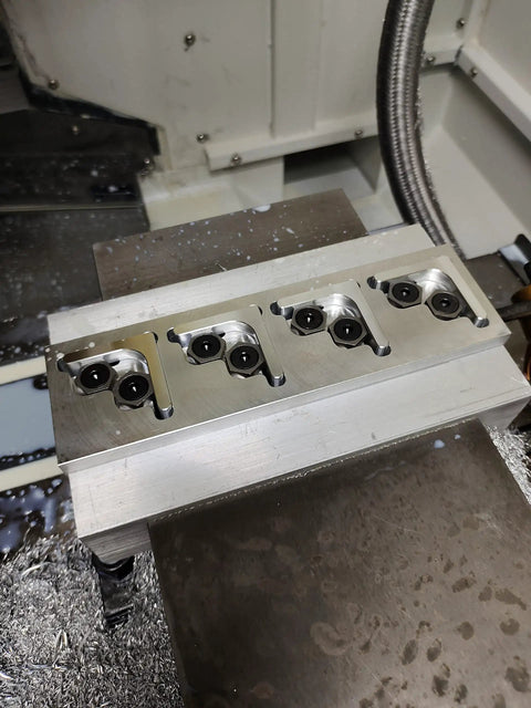 Hexagonal Side Fixed Fixture for CNC Machining Centers, Beefy Small Precision Clamping Block, Multi Station OK Fixture, Pro Grade Hardened 45 Steel, M6 Thread, 16mm Wide by 5.5mm High, Centered Hole, Edge Clearance, 10 Pack, mounted in CNC vise
