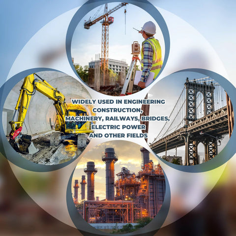 Collage of engineering applications: construction surveying, machinery, bridges, power plant, with central text on diverse uses.