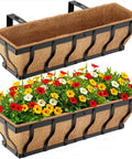 Heavy Duty Railing Planter Boxes For Balcony And Deck, Adjustable 24 Inch Window Box Planters With Coco Liner And Support Rod