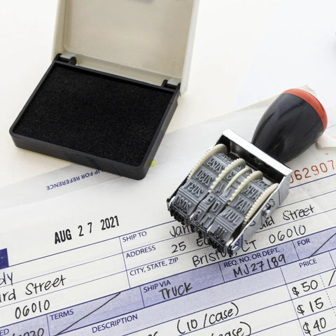 Hassle Free Rotating Date Stamp With Separate Black Ink Pad For Filing Invoices And Papers 12 Year Band Range on invoice