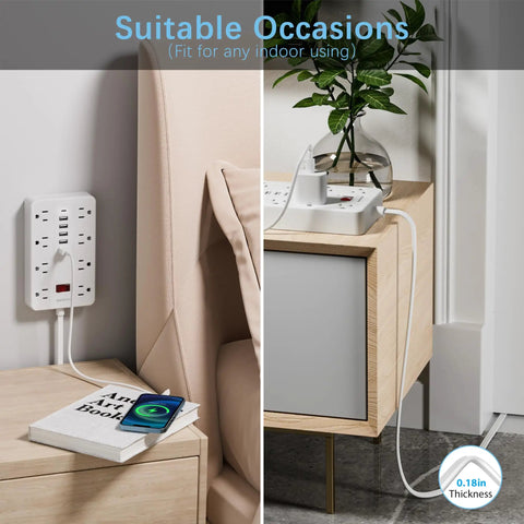 Flat Plug Power Strip With USB Charging Ports, 8 Widely Spaced Outlets And 6 USB Ports Including 1 USB C Port, 5 Foot Extension Cord, Desk Charging Station For Home Office And Gaming Setups, White, slim wall-mounted use