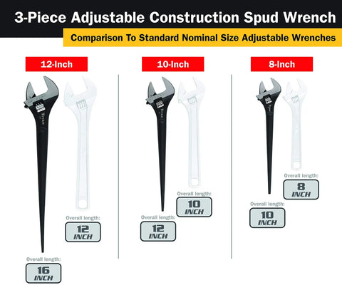 Chart comparing 8, 10, and 12 inch adjustable construction spud wrench sizes, showing handle lengths in wrench set
