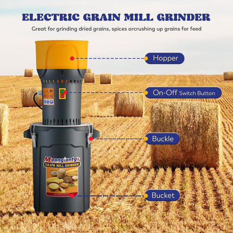 Powerful 1300W Grain Mill Grinder Electric Corn Grinder With Detachable 6.6 Gallon Bucket And Hopper displayed in a field