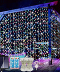 Outdoor Solar Curtain String Lights With 300 Super Bright Warm White LEDs Remote Control 8 Modes Waterproof Fairy Lights