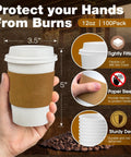 Hand holding Leak-Proof 12 Oz Coffee Cups With Lids And Sleeves, 100 Pack, showing tightly fitting lid and paper sleeves