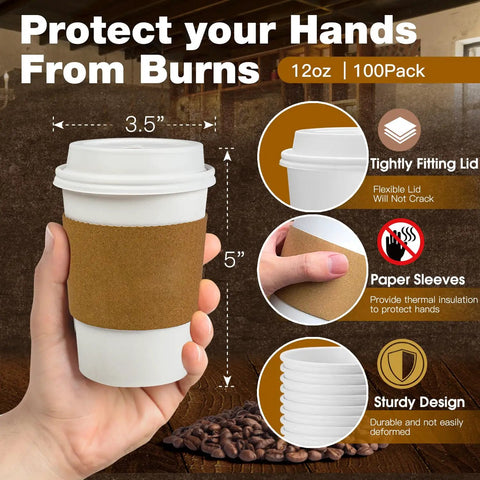 Hand holding Leak-Proof 12 Oz Coffee Cups With Lids And Sleeves, 100 Pack, showing tightly fitting lid and paper sleeves