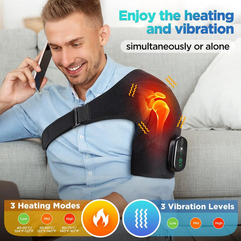 Man using Cordless Shoulder Heating Pad And Massager With Heat And Vibration, black wrap, showing heat and vibration on shoulder.