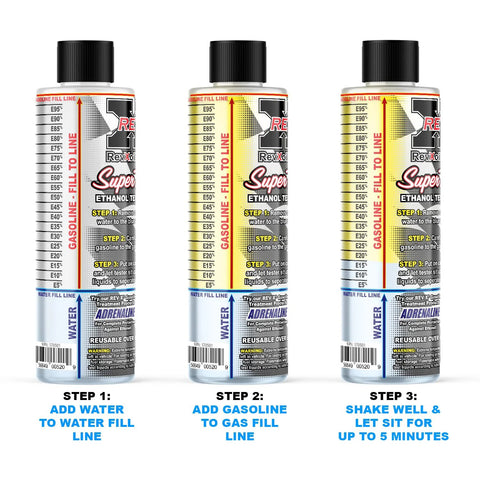 Three REV X E85 Super Tester ethanol testing kits by Amazon, front view with labeled steps 1-3.