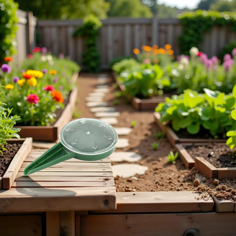 Adjustable Seed Dispenser Hand Tool for Garden Planting and Sowing on raised garden bed, surrounded by flowers and vegetables.