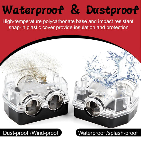 Waterproof & Dustproof power distribution block with clear cover, 0 gauge in and out, for car audio wiring