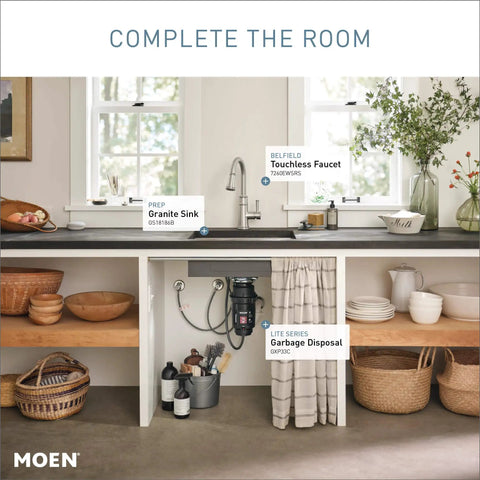 Kitchen setup with Lite Series Pro Compact Continuous Feed Garbage Disposal For Kitchen Sink With Power Cord 1900 RPM Vortex Motor Model GXP33C installed below a granite sink.
