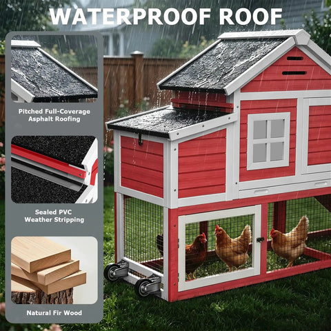 Extra Large Outdoor Chicken Coop With Run And Wheels For Six To Ten Chickens, showing weatherproof asphalt roof in red design.
