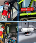 Quick Release Fire Extinguisher Holder Mount Bracket For Wrangler And UTVs attached to vehicle roll bars with clamps