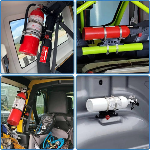 Quick Release Fire Extinguisher Holder Mount Bracket For Wrangler And UTVs attached to vehicle roll bars with clamps
