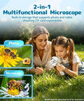 2 In 1 Kids Microscope Camera With 1000X Digital Magnification, handheld white STEM toy used outdoors by child on grass