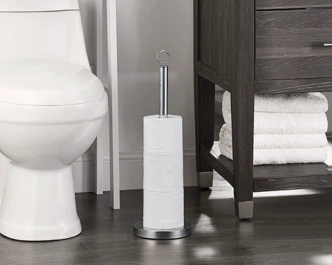 Heavy Duty Toilet Paper Stand With Weighted Base Holds Four Jumbo Rolls Sturdy Rust Resistant Storage next to toilet